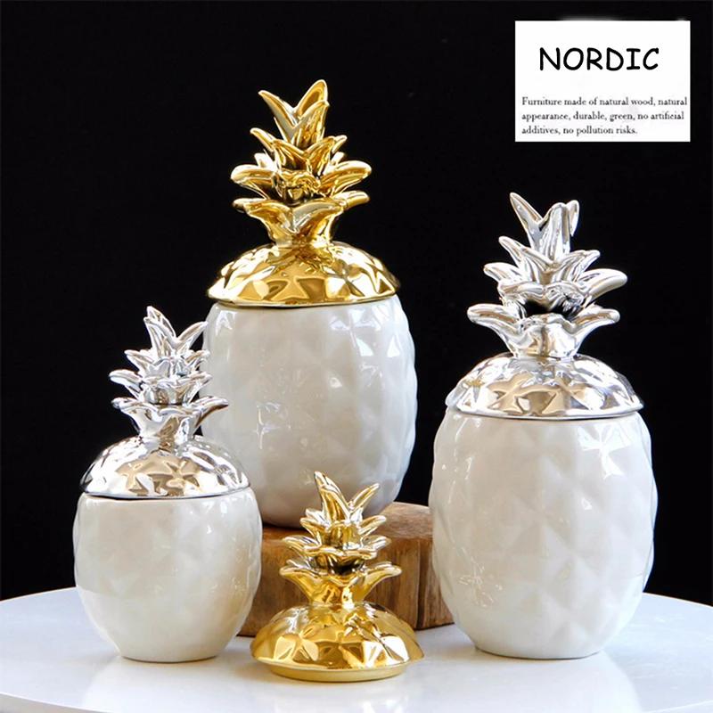 Nordic Gold Silver Ceramic Storage Jar Pineapple Shape Jewelry Container Box Ornaments Home Decor Women Girls Gifts Figurines