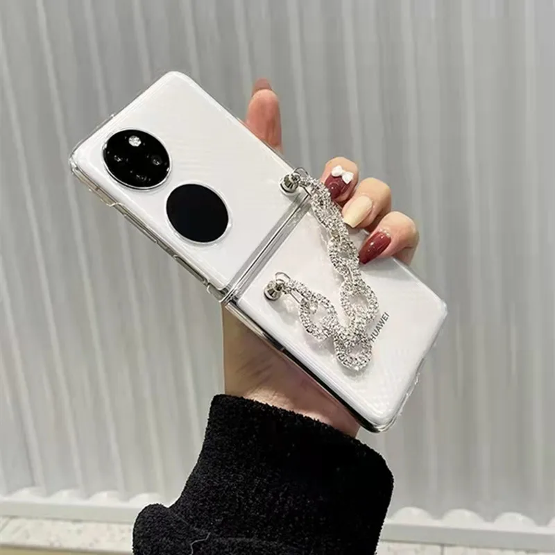 Women Bling Rhinestone Diamond Bracelet Chain Case For Huawei Pocket 2 Hand Chain Clear Cover P50 Pocket Case Capa Etui