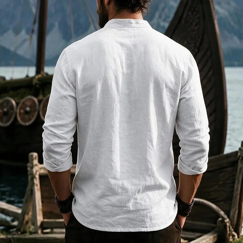 Daily Casual Linen Shirt Tops Mens New Chinese Style Stand Collar Cardigan Autumn Solid Color Button-up Long Sleeve Shirts Men