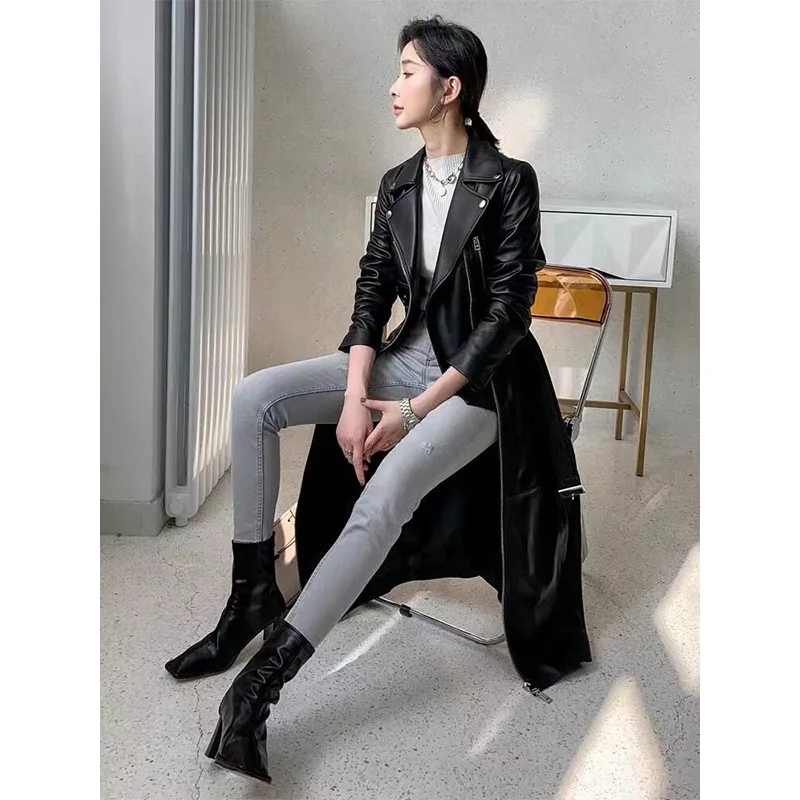 2023 Genuine Leather Jacket, Autumn and Winter New Motorcycle Style Zipper Jacket, Casual Windbreaker, Women's Long Sheep Skin c