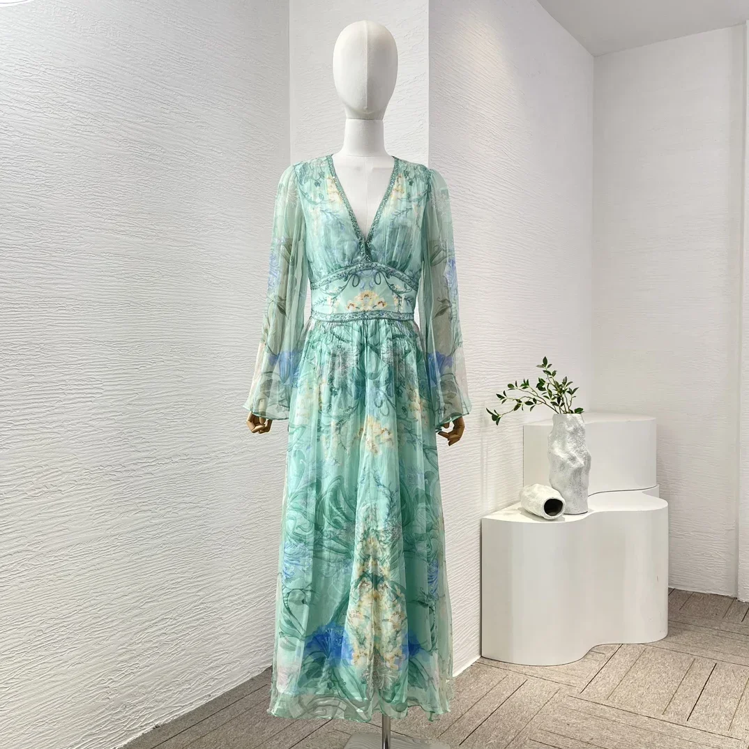 NewCollection Top Quality Silk Mint Green Floral Print Long Sleeve Deep V Neck Women Midi Dresses for Party Holiday