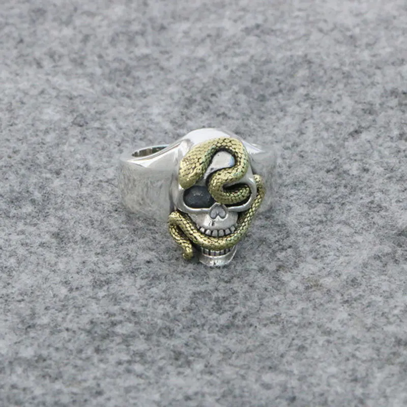 S925 Sterling Silver Fashion Trend Men's Ring Aggressive Skull Head Wrapped Snake Punk Vintage Thai Silver Men's Index Finger Ri
