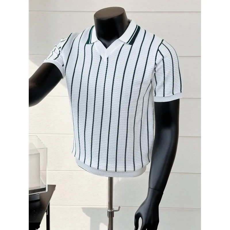 Summer Ice Silk Striped V-neck Polo Shirt Men Casual Knitted Sweater Pullover Fashion Casual Business POLO T-shirt Men Clothing