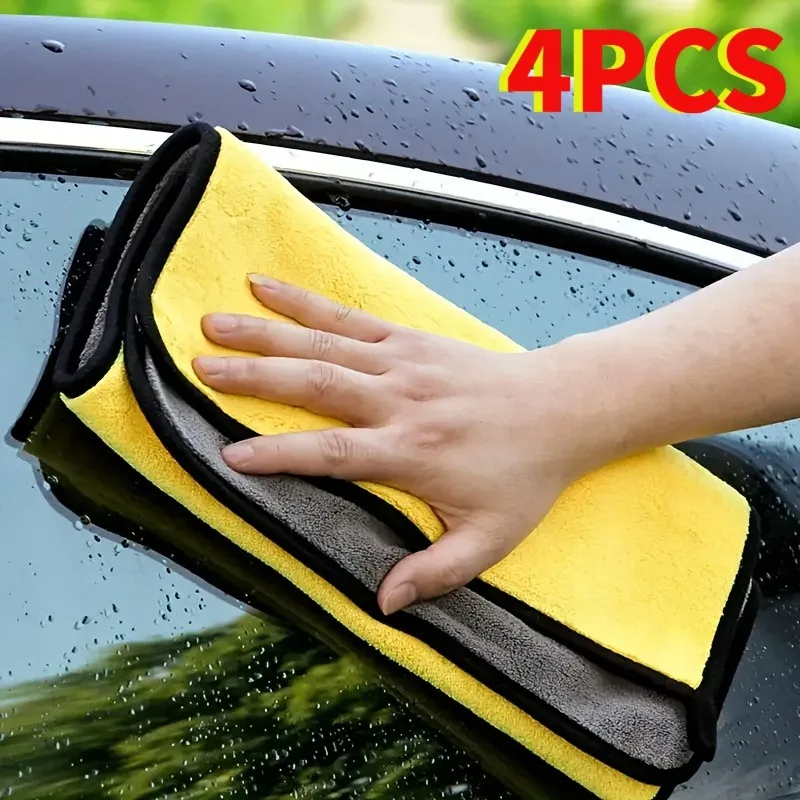 TILONDEX 4pcs Microfiber Car Wash Towel Set, Yellow-Gray Dual-Sided Thick Auto Detailing Cloths, Super Absorbent, Lint-Free,