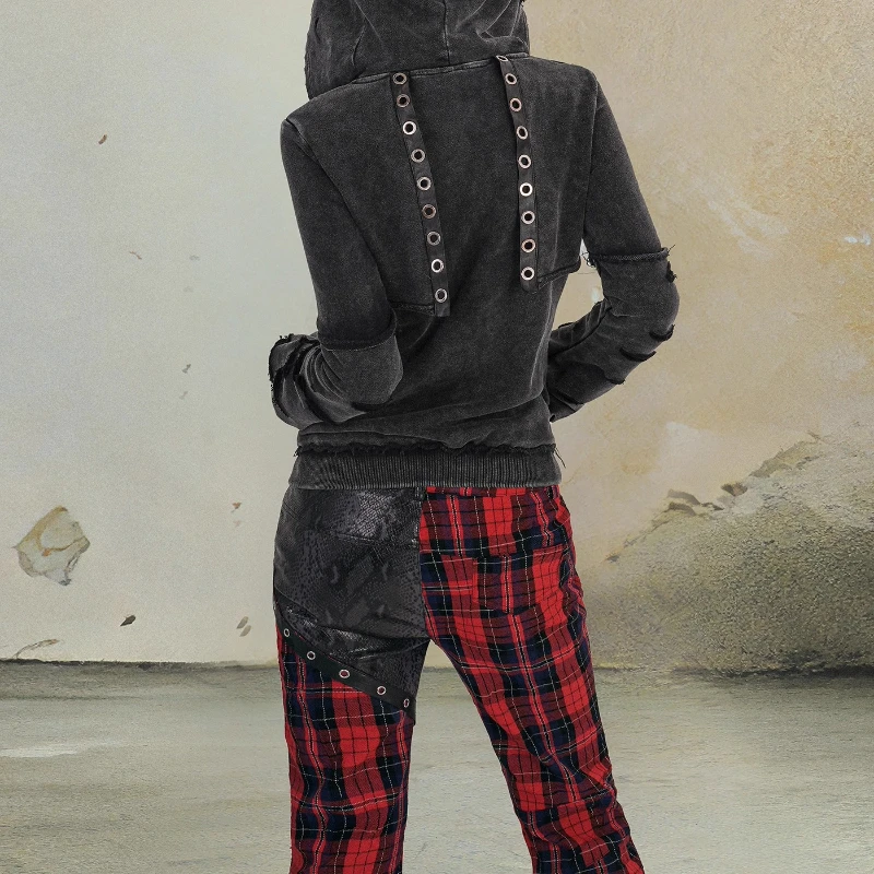 Design original estilo punk emenda preto vermelho xadrez calças femininas outono novo doce legal quente menina rua emagrecimento calças senhoras