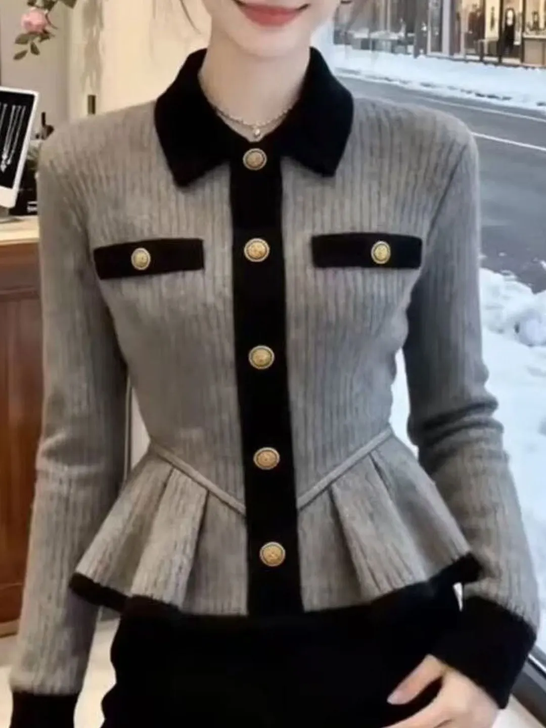 

Женский повседневный кардиган с контрастной подкладкой, приталенный, с золотыми пуговицами, с высокой талией, для офиса и повседневной носки