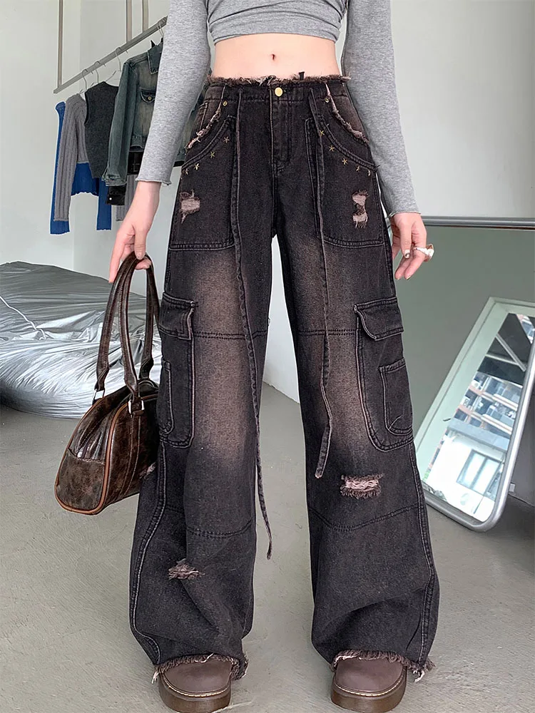 American Retro Baggy Washed Black Wide Leg Pants Ripped Hole High Waist Full Length Trousers Gothic Streetwear Korean Fashion