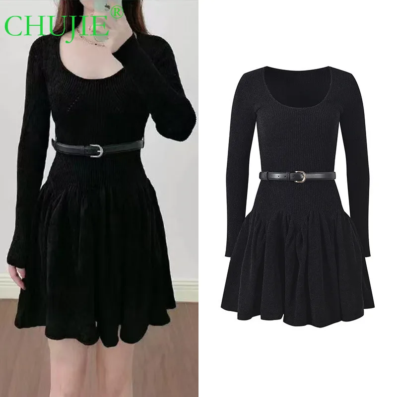 CHUJIE 2025 خريف تصميم جديد مضلع الرقبة المستديرة الخصر Cinching مربوط المرقعة محبوك المخملية قاعدة فستان #1