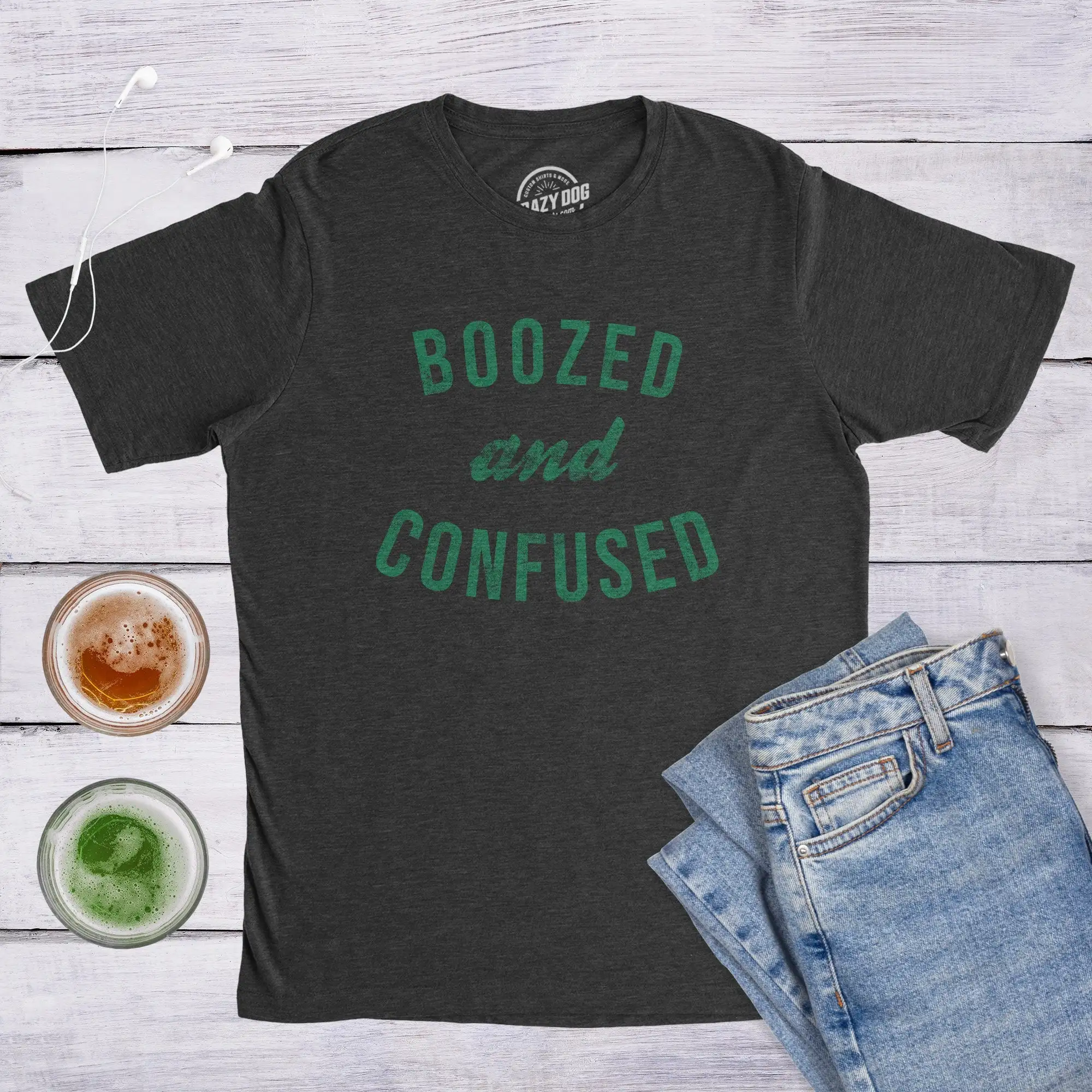 Boozed And Confused St Patricks T Shirt Shamrock Beer Mug Clover Funny Drinking Offensive