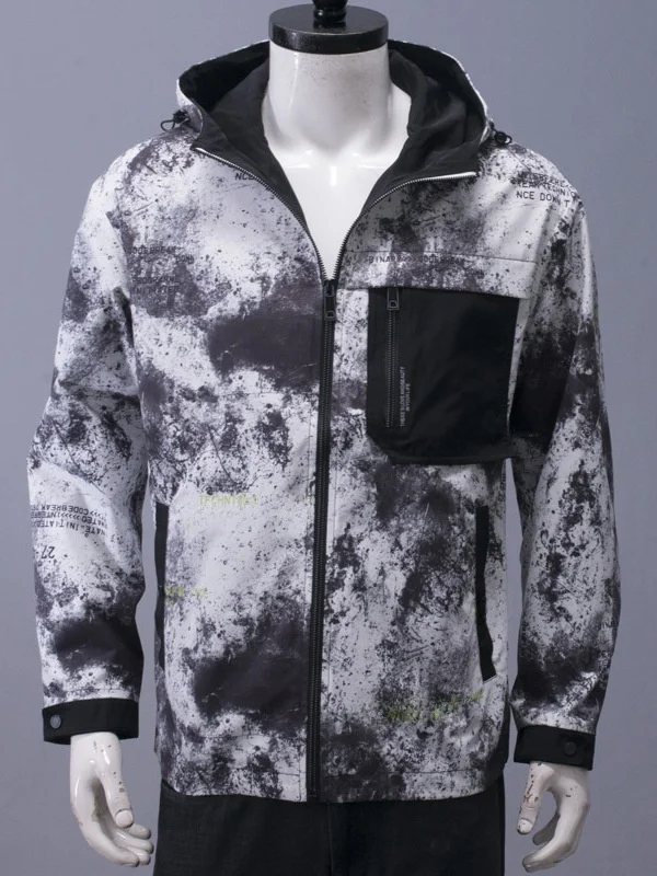 

Men's Spring Autumn Outdoor Sports Casual Hooded Jaet Water-Media Pattern Youth Outerwear Polyester Fiber Long Sve Zipper