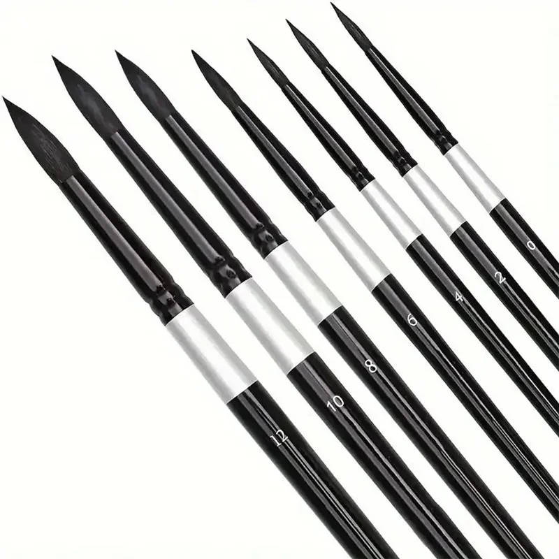 7Pcs Art Brush Set - Round/Pointed Tips For Gouache/H2O | Beginner Artist Kit W/Wood Handle (No Shed)