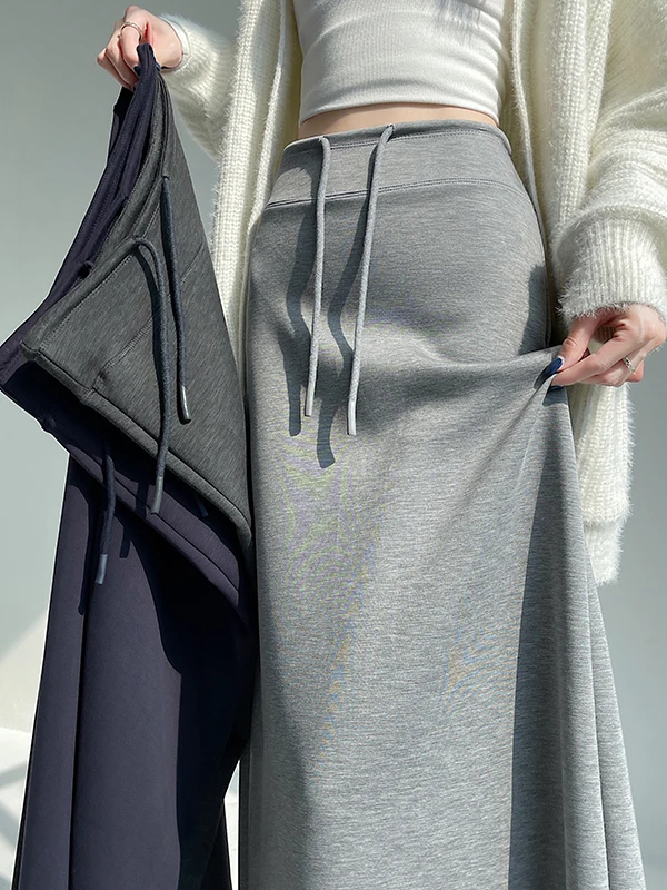 

Повседневная спортивная юбка-миди для женщин, осенне-зимняя новинка, свободная, с высокой талией, на шнурке, с разрезом, прямая, облегающая фигуру.