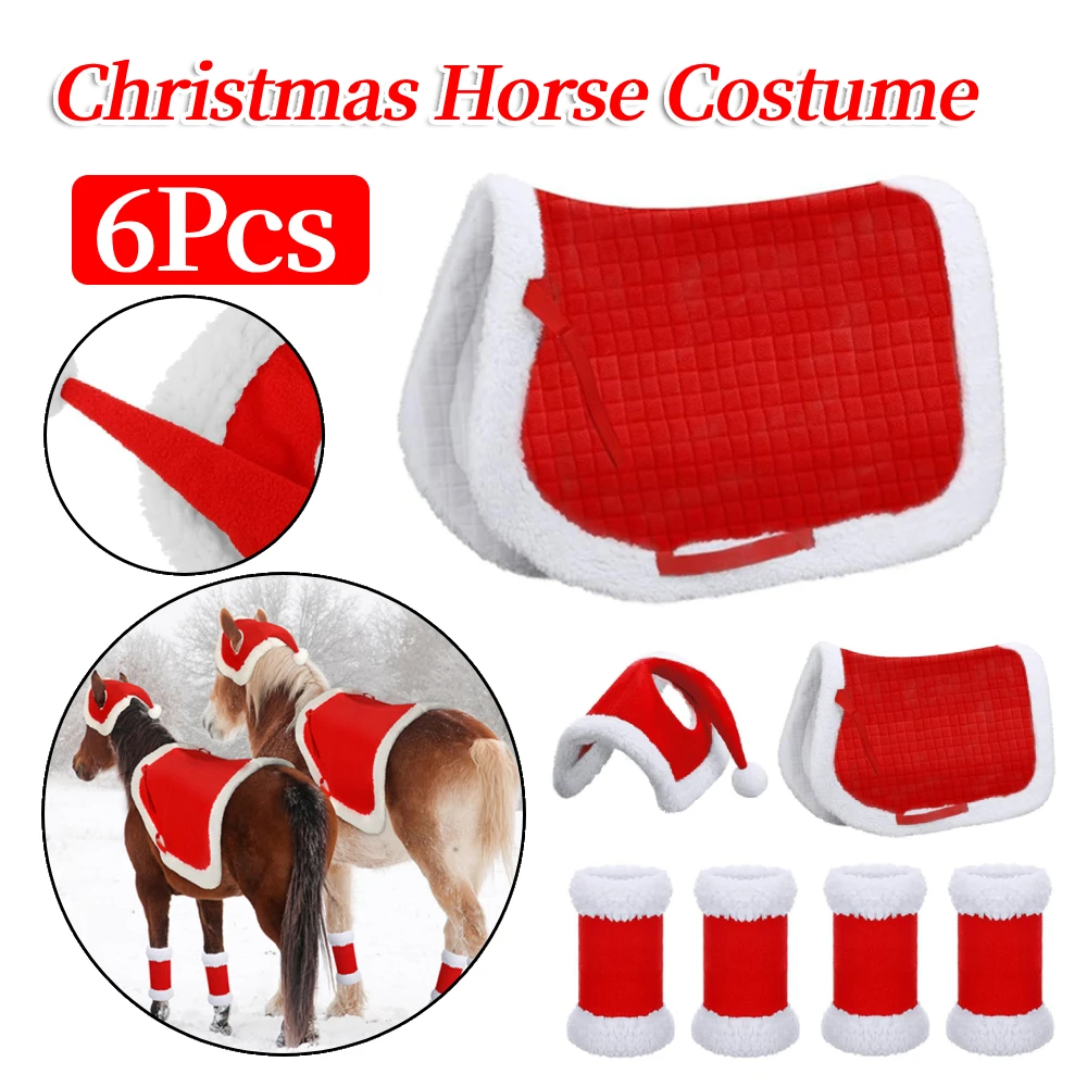 

6Pcs Christmas Santa Leg Wraps Horse Hat Saddle Pad Multi-Purpose Santa Hat Saddle Pads Leg Wraps for Christmas Horses Decor