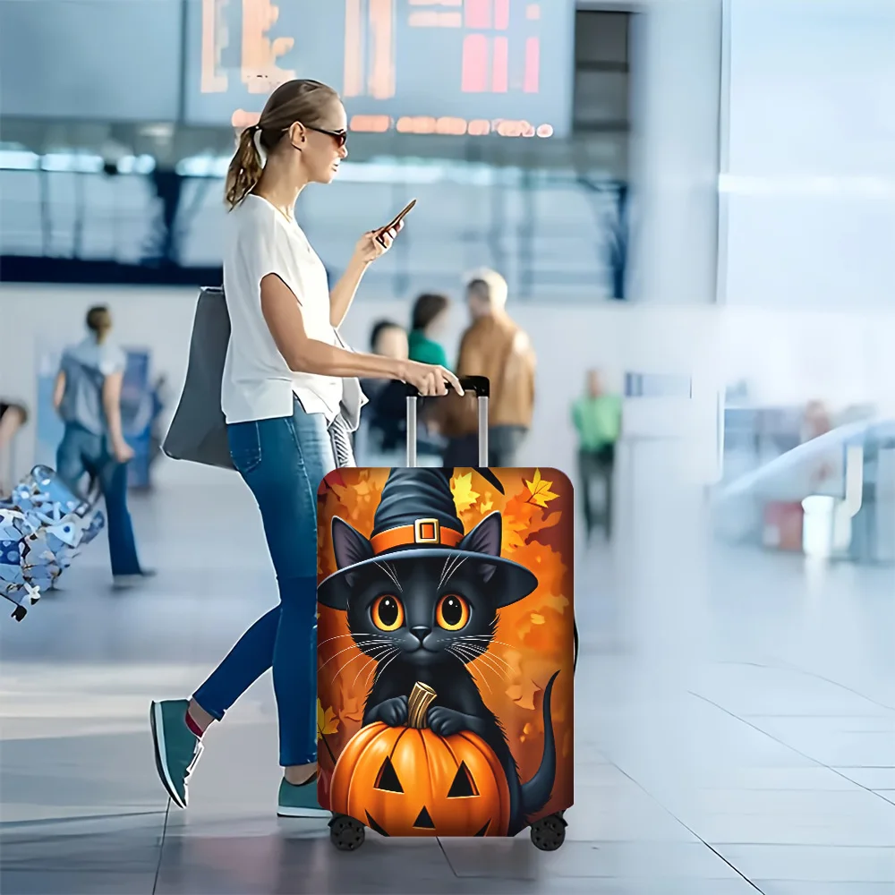 1PC Halloween Black Cat and Pumpkin Print Luggage Cover for 18-32 inch luggage; Dust and elastic travel accessories to effective