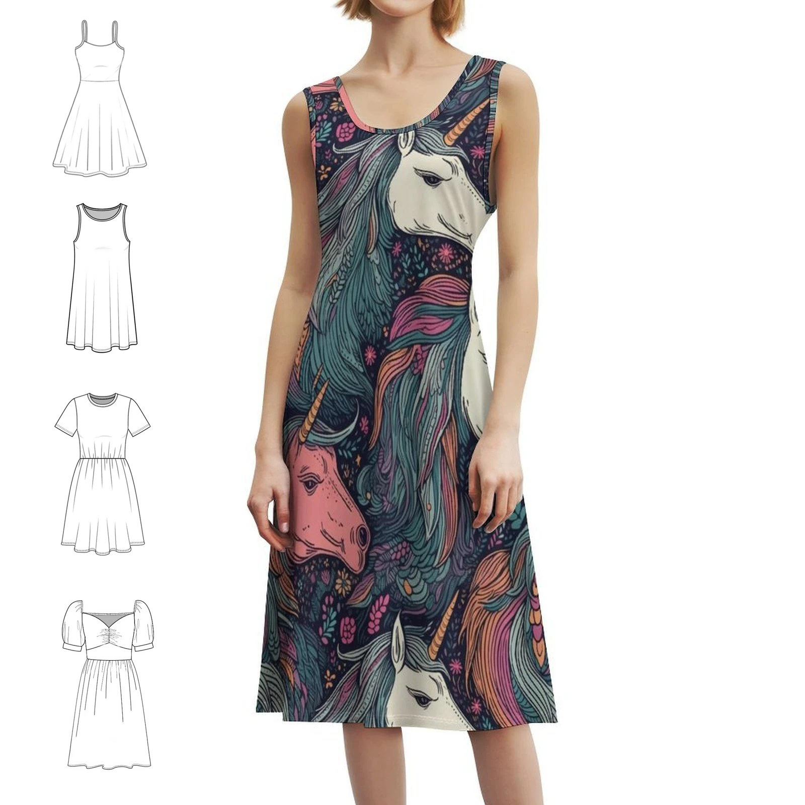 

Зачарованные единороги в мистическом цветочном лесу, винтажное богемное платье с пышными рукавами или варианты без рукавов для женщин, платье с единорогами