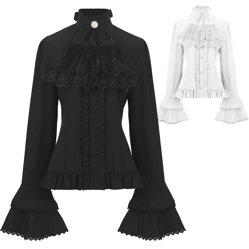

Medieval Vintage Standing Collar Premium Prom Women Shirt French Waist-cinching Steampunk Female Pleated Shirt Cosplay