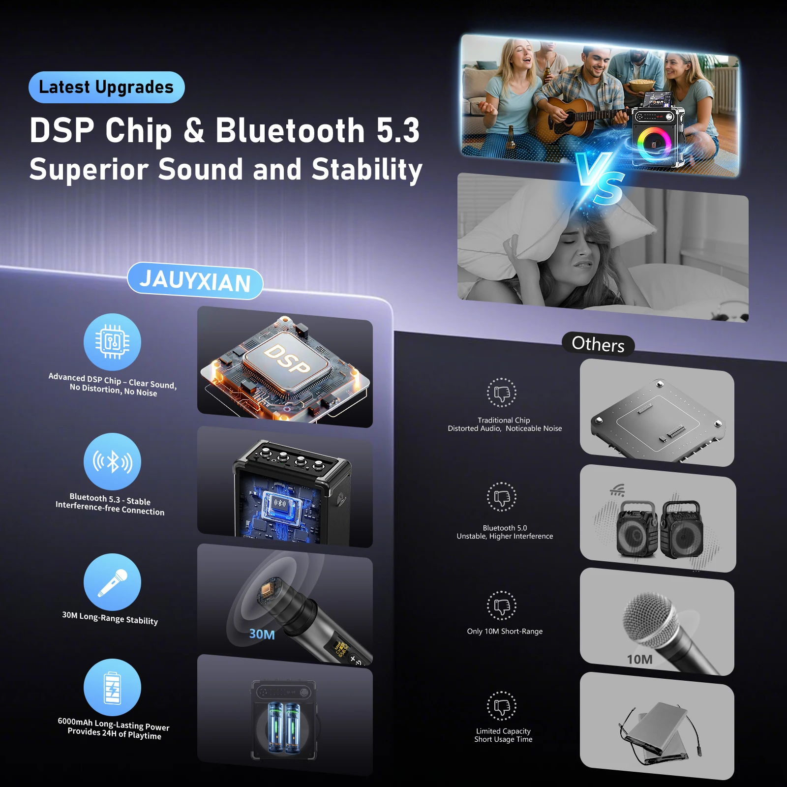 آلة كاريوكي مع 3 ميكروفونات لاسلكية، مكبر صوت للحفلات المنزلية مع أضواء ديسكو، نظام PA يدعم اتصال TWS والتلفزيون