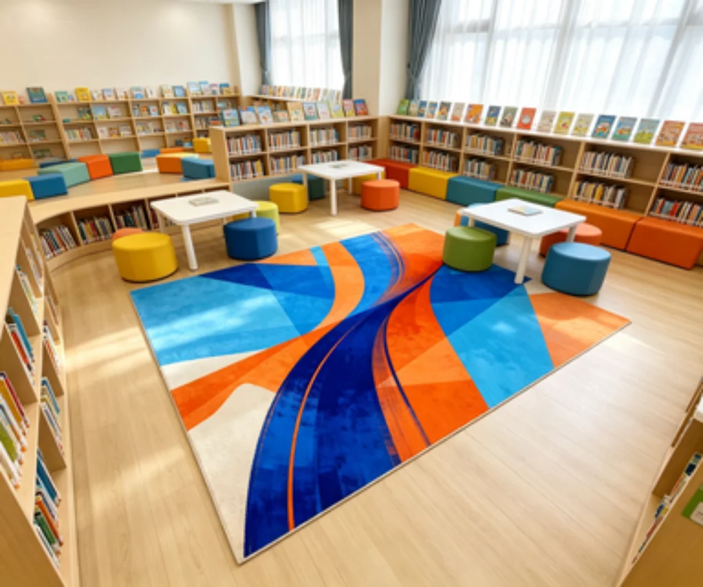 Blue Orange Abstract Curve Rug, High Saturation Contrast Living Room Carpet, Contrast Diagonal Geometric Rug.