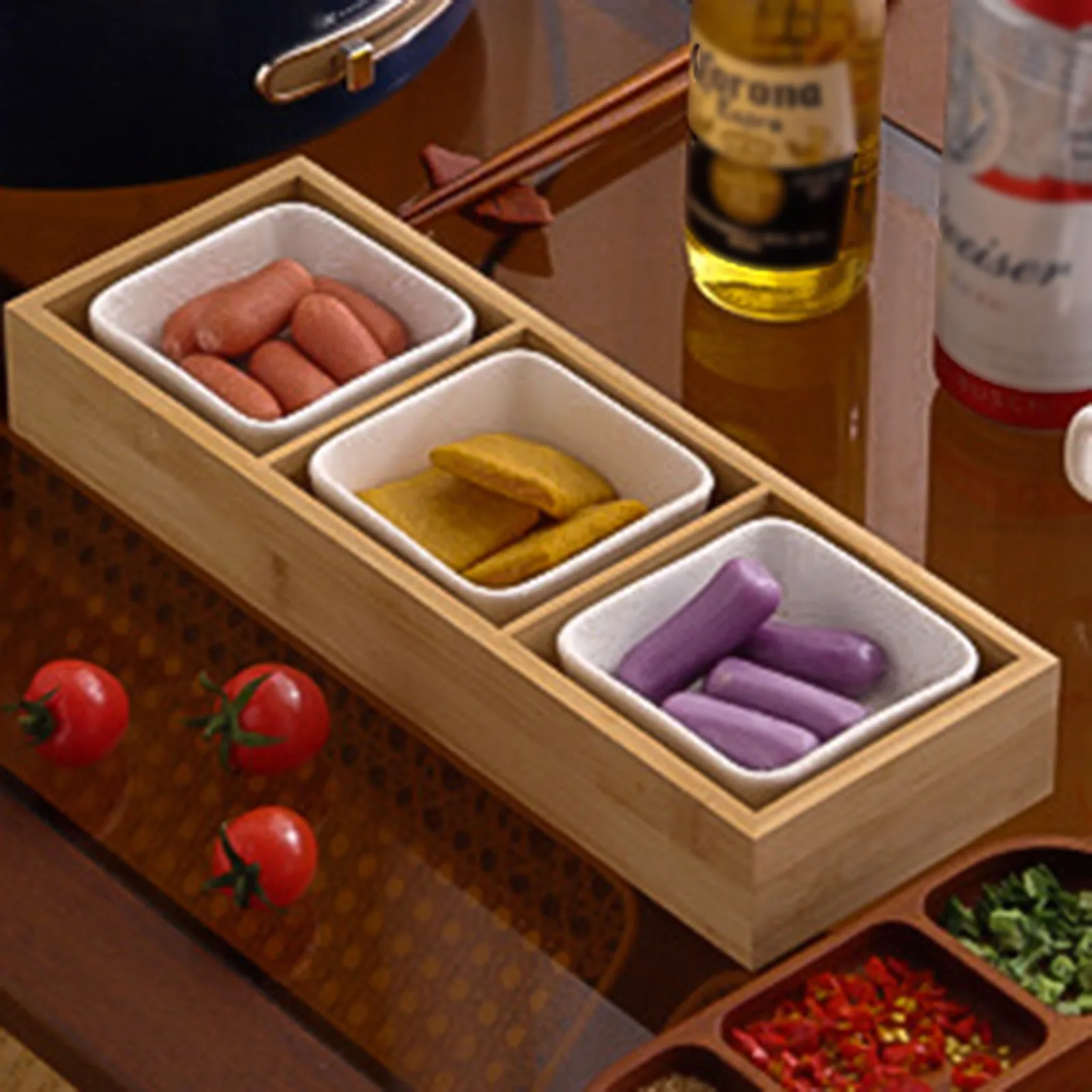 Japanese Multi Grid Divided Wooden Tray 2/3/4/6/9 Grids Vintage Serving Tray For Snacks Dessert Hot Pot Sauce Dish Soy Tray
