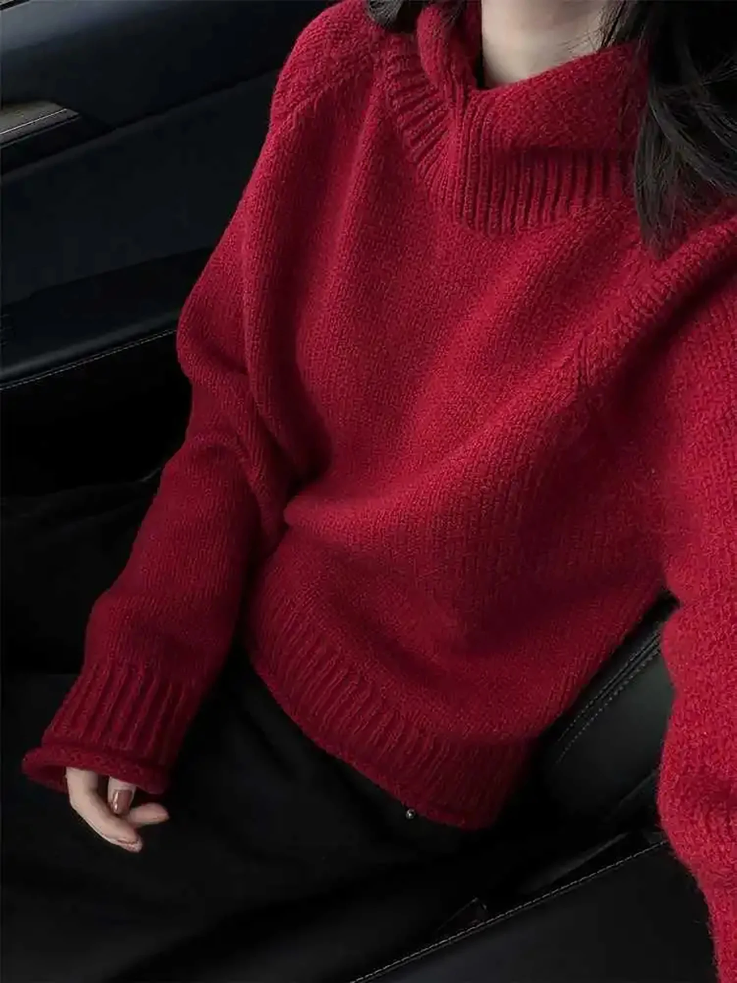 

Laid-ba Korean Sle Loose Fit Soft Sweater New Year Red Color Aosphere Personalized Knitted Long Sve High Collar Warm