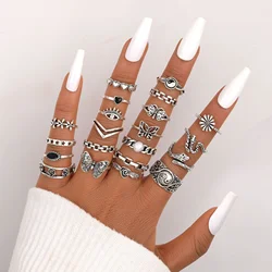Retro Silver Color Geometric Knuckle Rings Set For Women Eye Cross Sun And Moon Leaf Charm Finger Ring Female Boho Party Jewelry