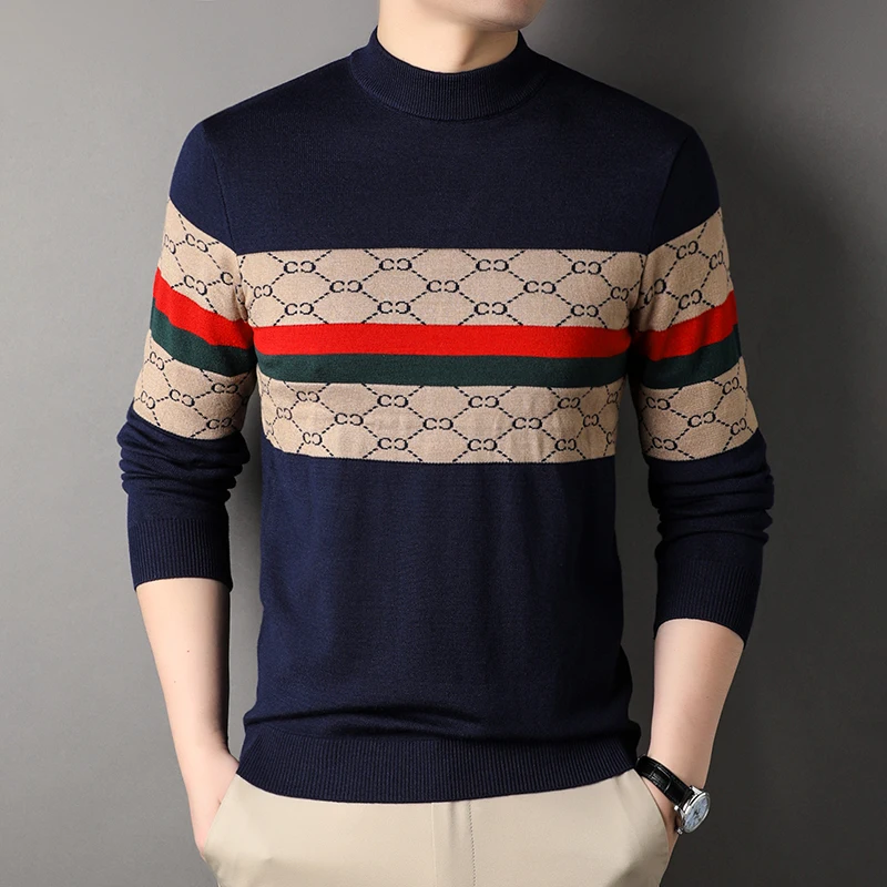 

Big Brand Men's Long Sleeved Semi High Neck Wool Sweater, Winter Embroidery Warm Knit Multifunctional Casual Basic Sweater Trend