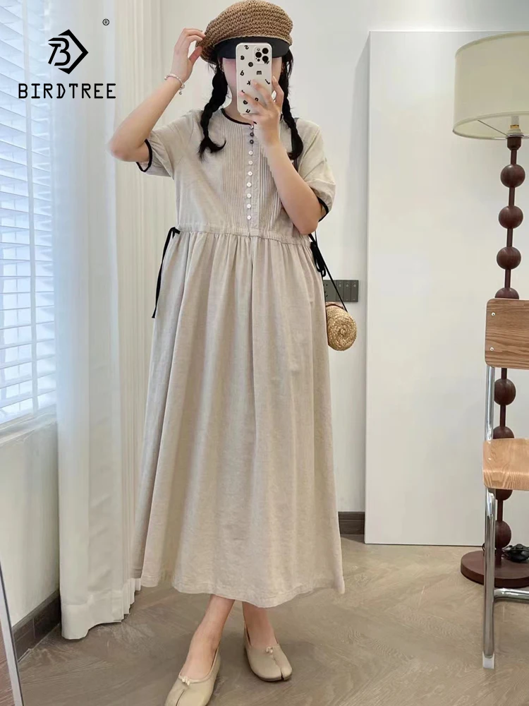

New 2025 Summer Cotton Short Sleeve Dresses, Women O Neck Button Patchwork, Mori Girl Casual Versatile Loose Cake Dress D54443CC