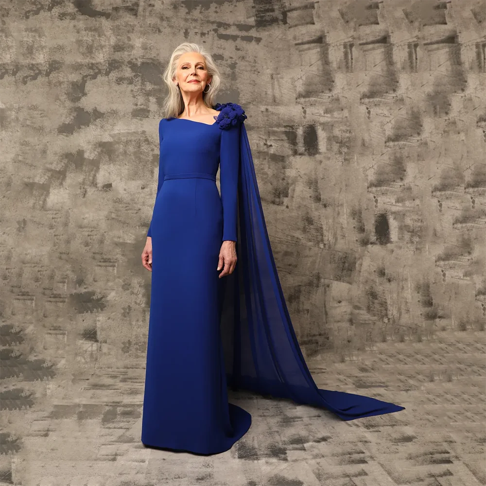Azul mãe da noiva vestidos para mulheres com decote em v flor mangas compridas vestidos de noite chão lneth vestido de convidado de casamento personalizado