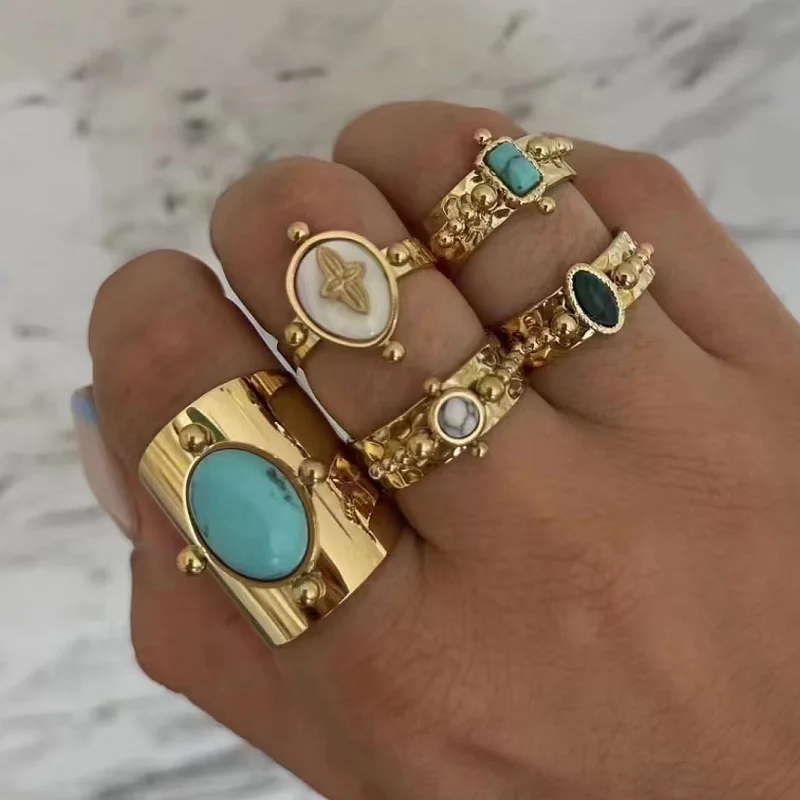 PAPERPLUS | Bohemian Stainless Steel Open Ring for Women. Natural Stone Vintage Jewelry. Waterproof. Trendy