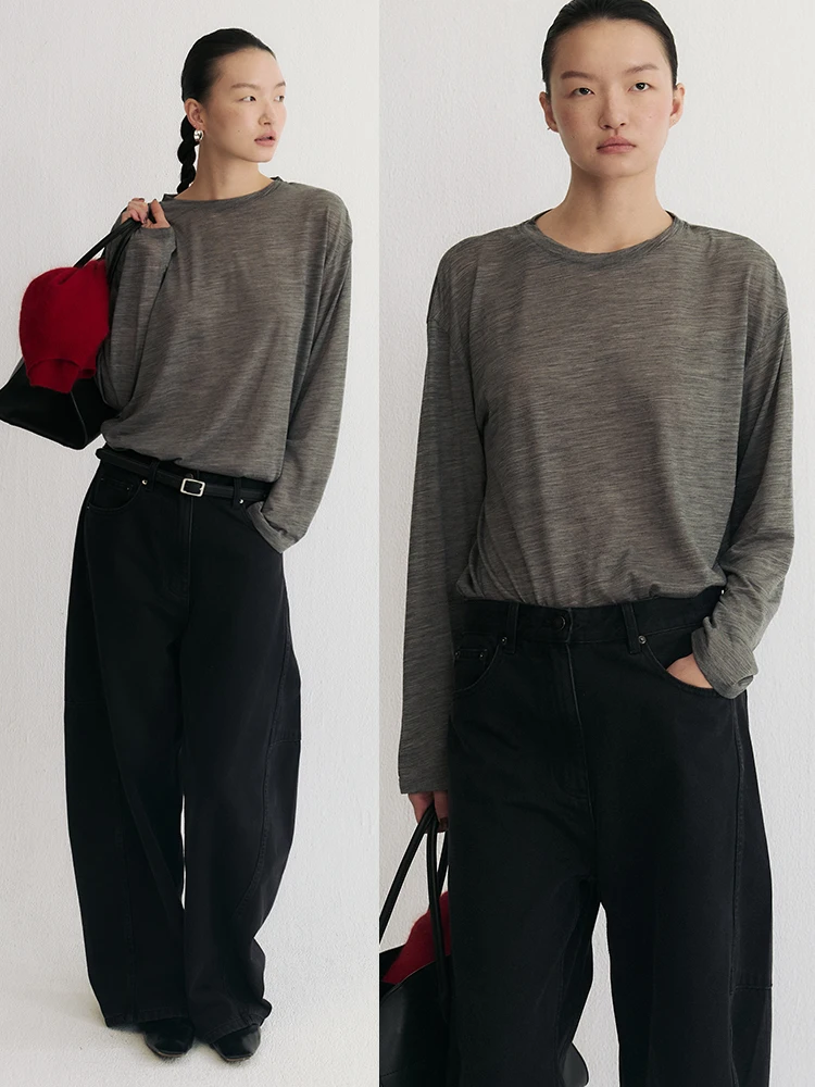 

100% Чистая шерсть, вязаная футболка с длинным рукавом и круглым вырезом, женская, классическая, повседневная, летняя, мягкая, удобная