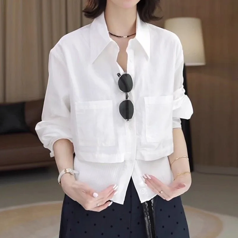 

Korean Style Knitted Splicing Fake Two-piece Long-sleeved Shirt for Women Autumn Polo Collar Pocket Design Versatile Top