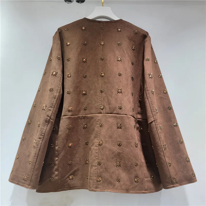 HKSH printemps automne nouvelles femmes veste Faux daim artisanat lourd perlé col rond poches élégant Streetwear français élégant manteaux HK12009