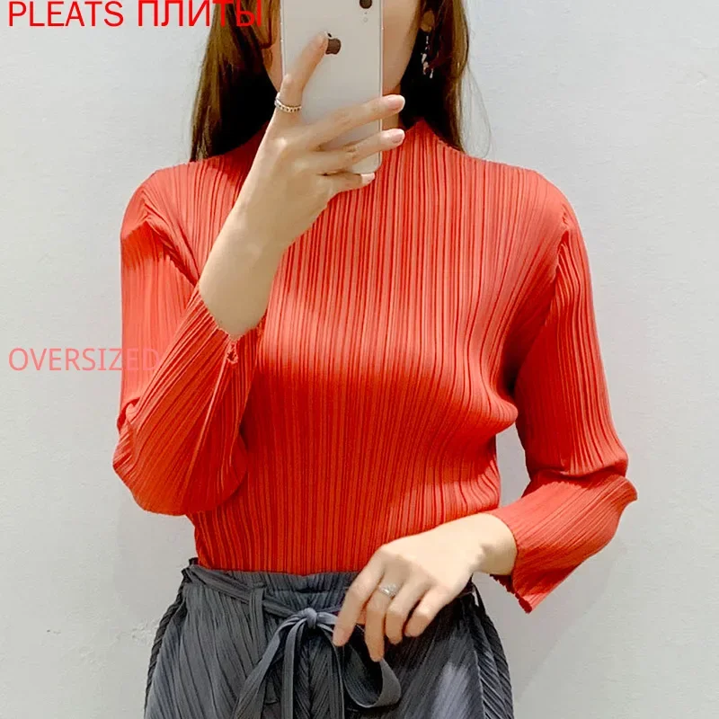 Miyake Pleated Long-Sleeved T-shirt for Women, New PP Series Bottoming Shirt, One Piece Top, Summer