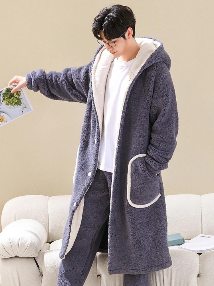 Men's Thiened Coral Fce Robe Long Cartoon Warm Spwear plus Size Flannel Home Clothes Youth Knee-Length Polyester Fabric