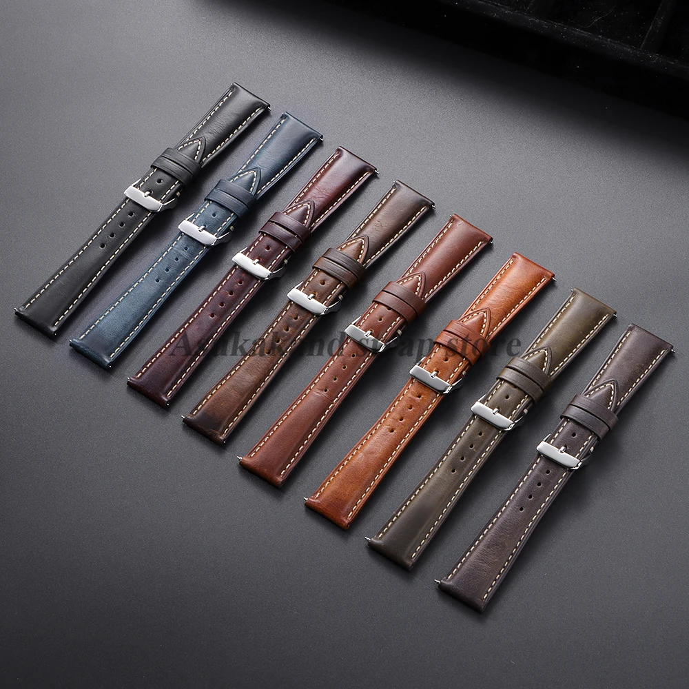 18mm 19mm 20mm 21mm 22mm Universal Vintage Oil Wax Leather Watch Straps Brown Head Layer Watch Band Men Accessories Pin Buckle