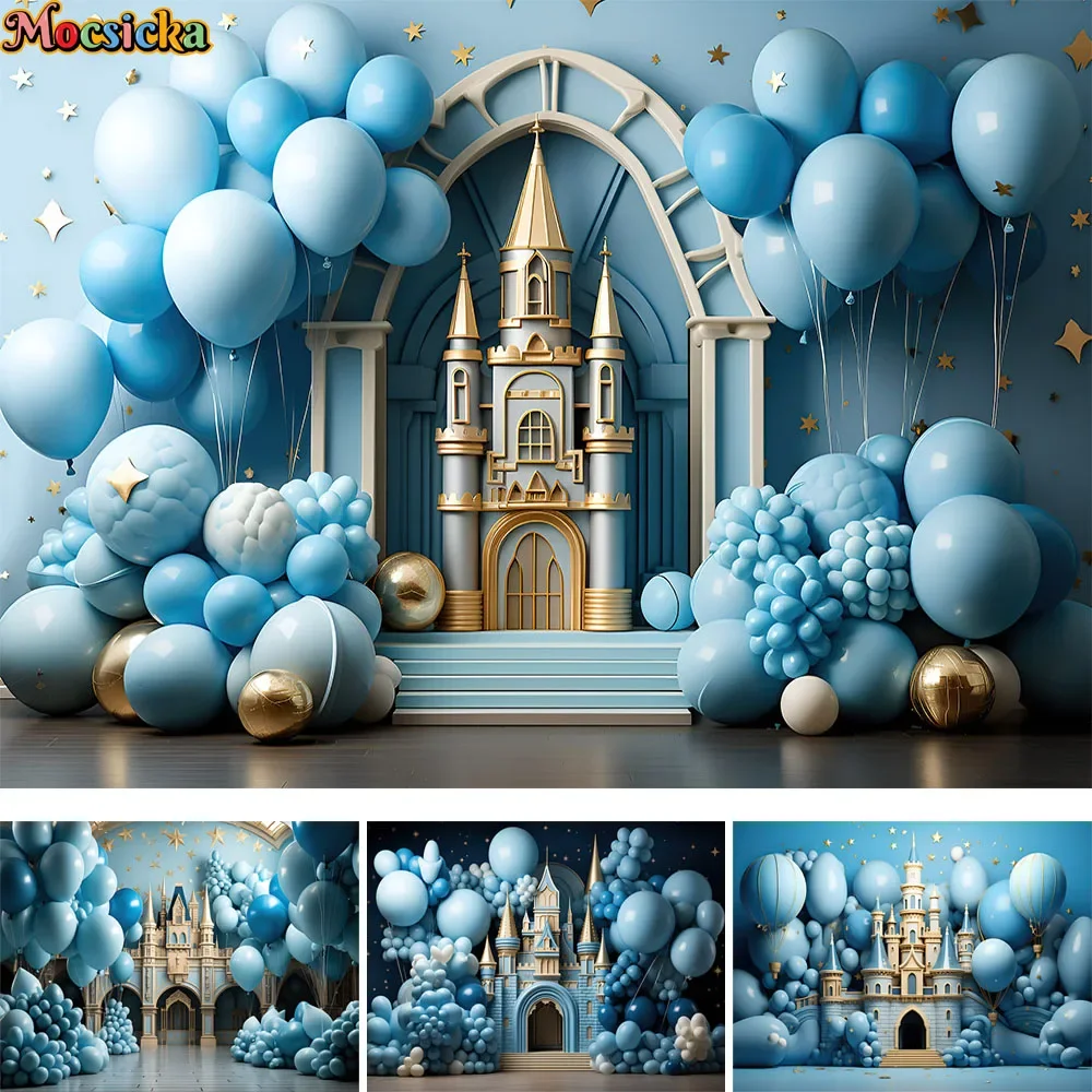 

Blue Royal Castle Photography Background Fairy Tale Balloon Kids Cake Smash Backdrops Baby Shower Birthday Party Decor Photocall