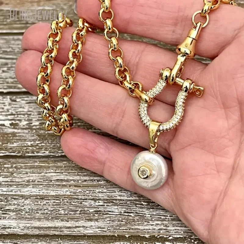 10pcs Carabiner Shackle Chain Necklace CZ Pearl Pendant Choker Gold Color Stainless Steel Rolo  Lobster Closure Jewelry