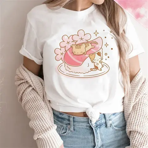 Kawaii Cat Print Women's T-Shirt Japanese Cherry Blossom Sushi Cat Casual Short Sleeve Top For Pet Lovers