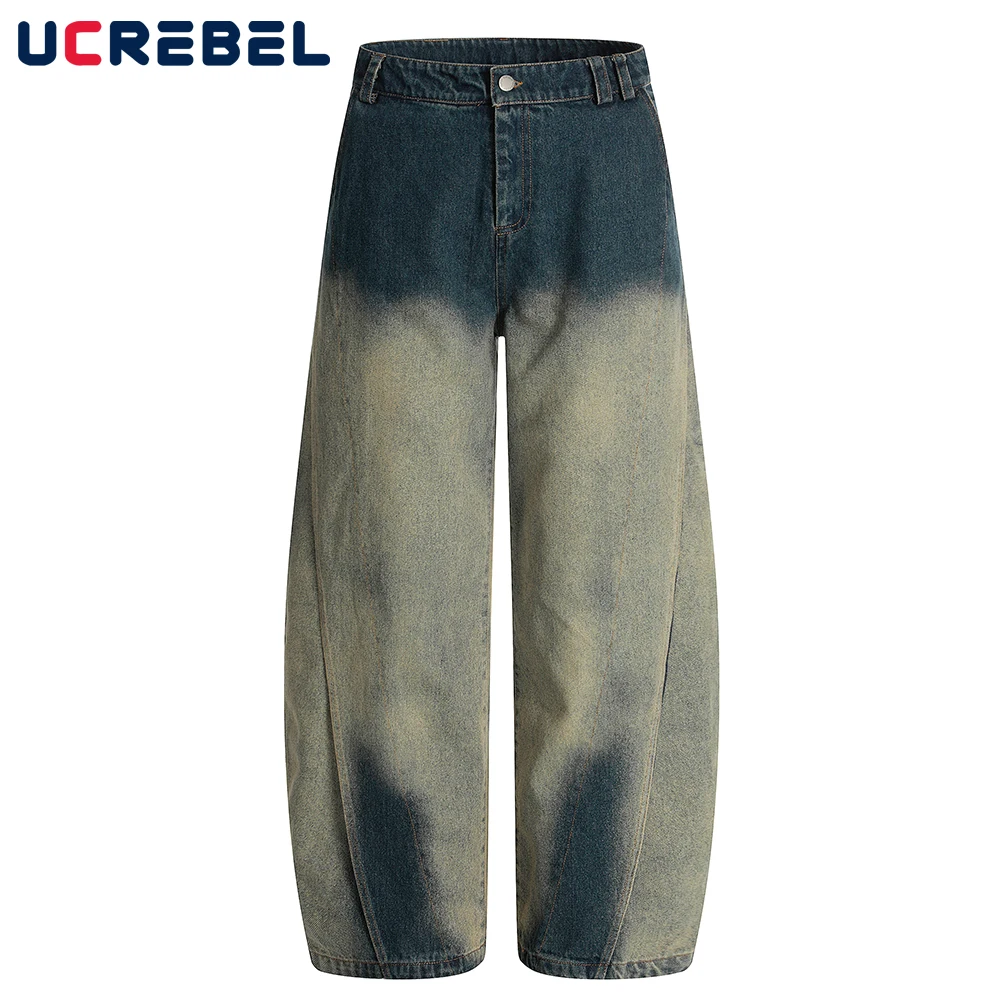 グラデーション染めスプライスバナナジーンズメンズヒップホップストリートワイドレッグバギーデニムパンツメンズ