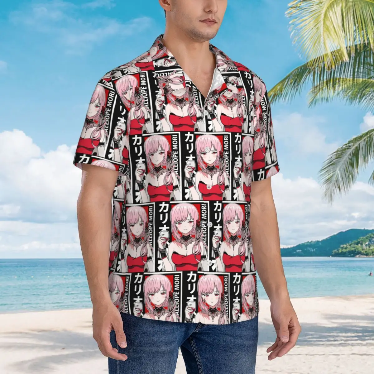 

Calliope Mori Red Dress Hololive En Hawaiian Shirts Fashion Men Short Sleeve Shirt for Summer Beach Men's Lapel Tops