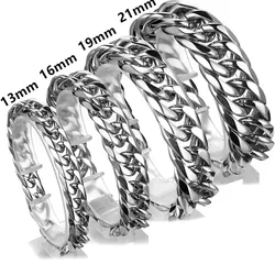 9/11/13/16/19/21MM Heavy Polished Silver Color 316L Stainless Steel Curb Cuban Link Chain Bracelet for Men Women Jewelry