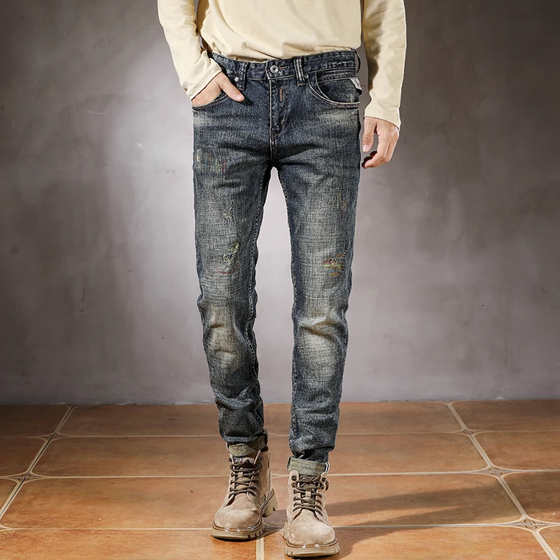 Calça jeans azul masculina com alongamento cansado streetwear jeans masculino para bicicletas casuais pés finos