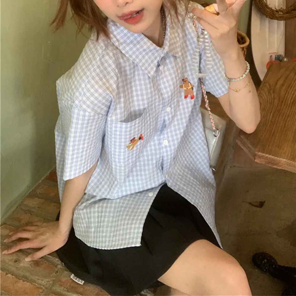 Polo Collar Plaid Short-sleeved Shirt Female 2024 Summer Blouse Cartoon Embroidery Loose Casual Shirt Outer Top Women\'s Clothing