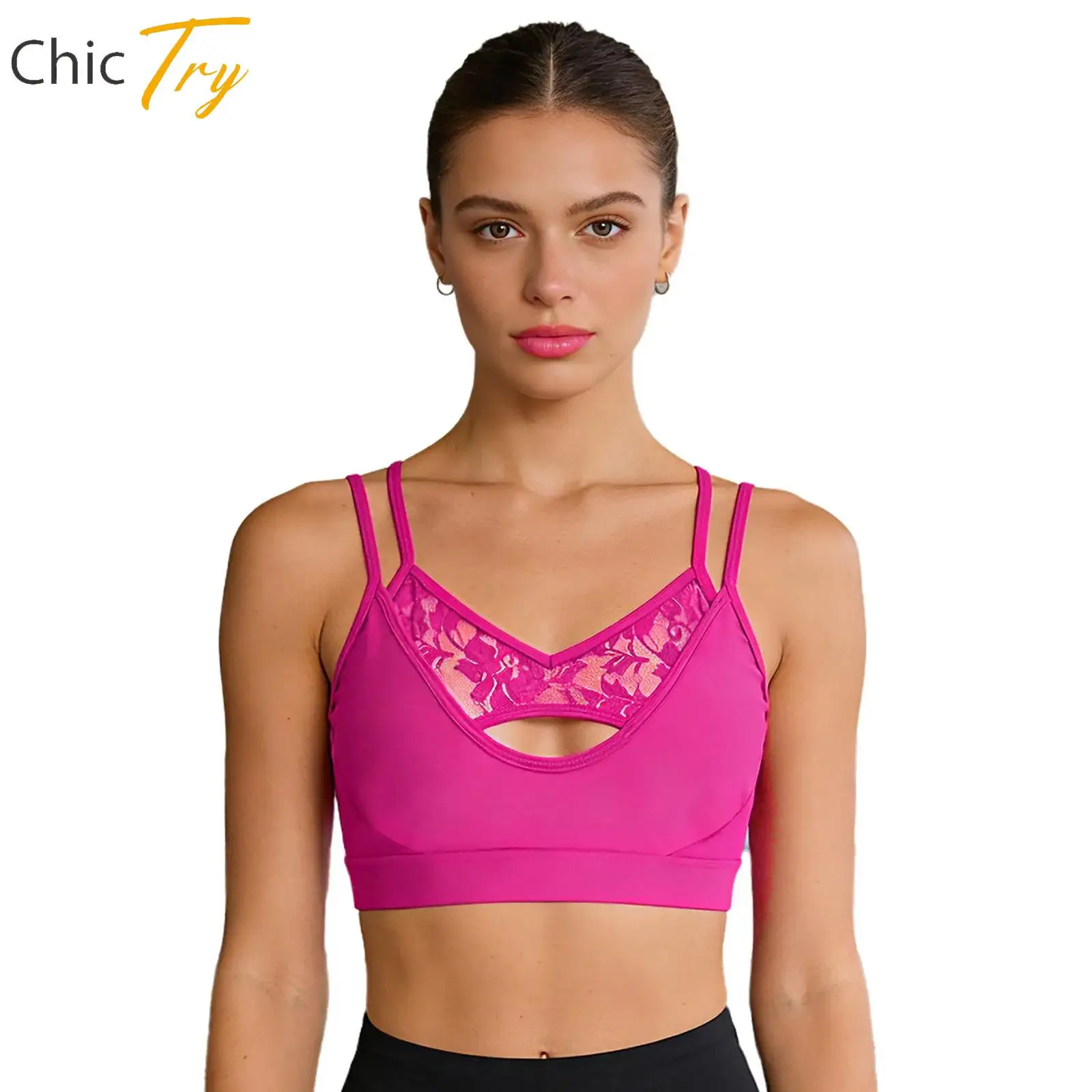 

Adults Womens Yoga Bra See-Through Lace Sports Bra Double Spaghetti Straps Keyhole Front Vest for Sports Gym Workout Pilates