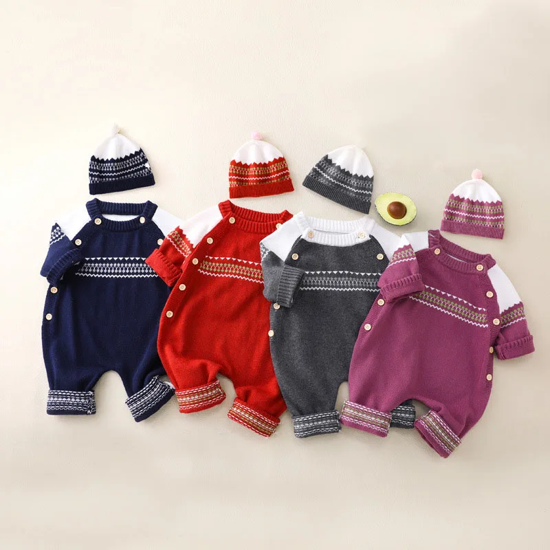 

Newborm Babies Knitted Ropmer Contrast Color Long Sleeve Soft Warm Cotton Bodysuits Baby Girls Boys Casual Onesie With Hat 0-2Y