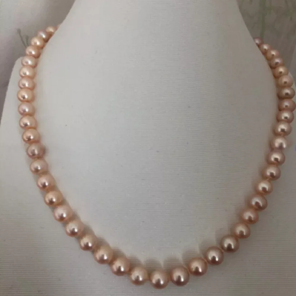 Perfect 7-8mm pink AAA akoya Japanese pearl necklace 16/36inch 14k gold clasp