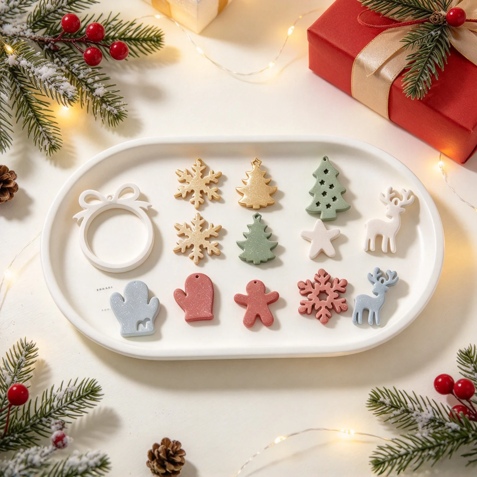 4Pcs Christmas Ornament&Storage Tray Silicone Mold Set,Gingerbread Elk Snowflake Pendant Mold,DIY Resin Plaster Xmas Scene Decor