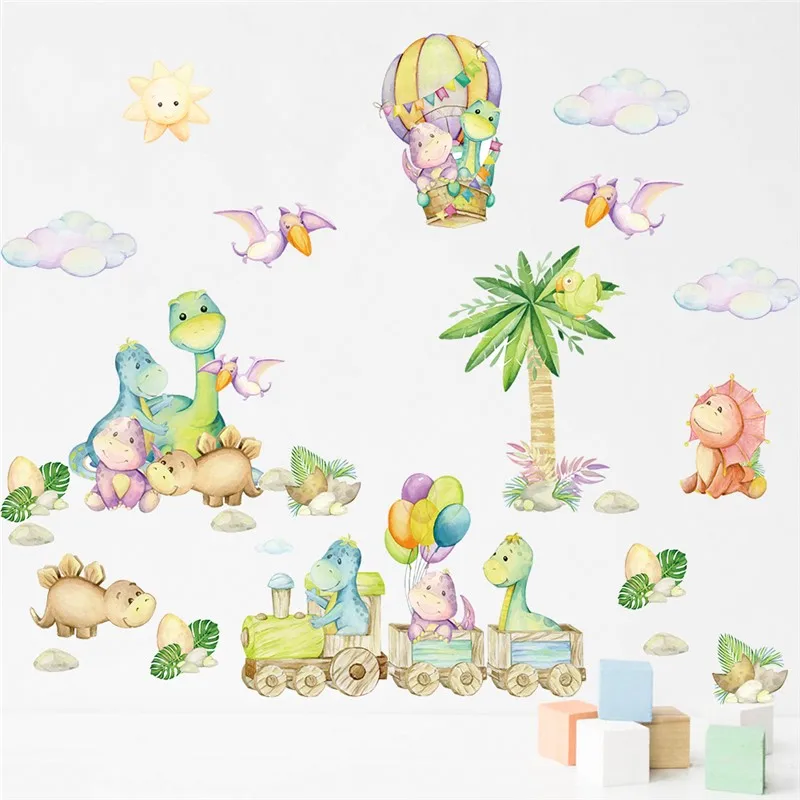 Cute Baby Dinosaurs Playing Games Wall Stickers For Kids Bedroom Home Decoration Diy Cartoon Animal Mural Art Pvc Decals Poster