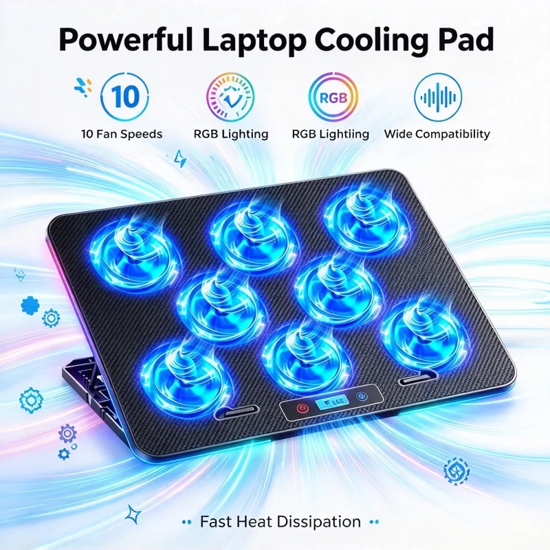 Laptop Cooling Pad 8 Quiet Fans Led Light Gaming Cooler Stand With Phone Holder Adjustable Speed For 15.6-17 Inch Notebook