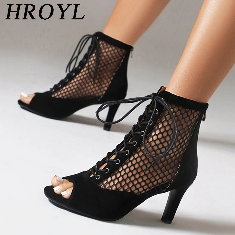 HROYL Suede Women's Latin Dance Shoes High Top Lace-up Hollow High-heeled Soft Soles Jazz Tango Salsa Pole Ladies Dancing Shoes